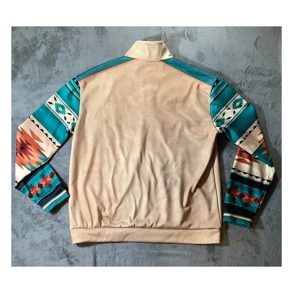 Men's XL Southwestern Aztec Pullover Jacket 1/4 Button Fleece Tan Teal‎ - Picture 6 of 7